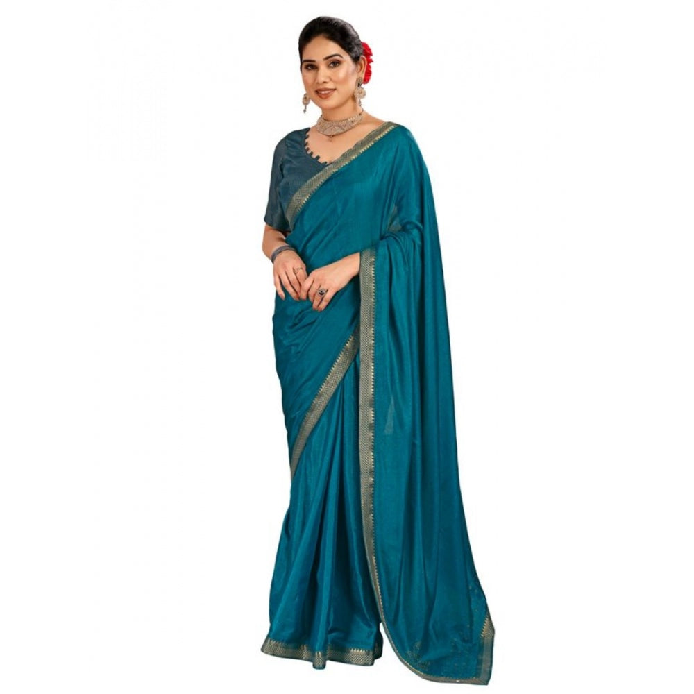 Generic Women's Vichitra Swiroshki Butta Saree With Unstitched Blouse (Blue, 5-6 Mtrs)