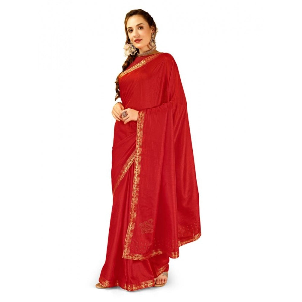 Generic Women's Vichitra Printed Saree With Unstitched Blouse (Red, 5-6 Mtrs)