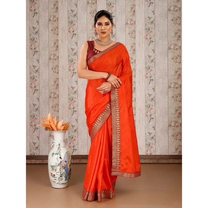 Generic Women's Vichitra Plain Saree With Unstitched Blouse (Orange, 5-6 Mtrs)