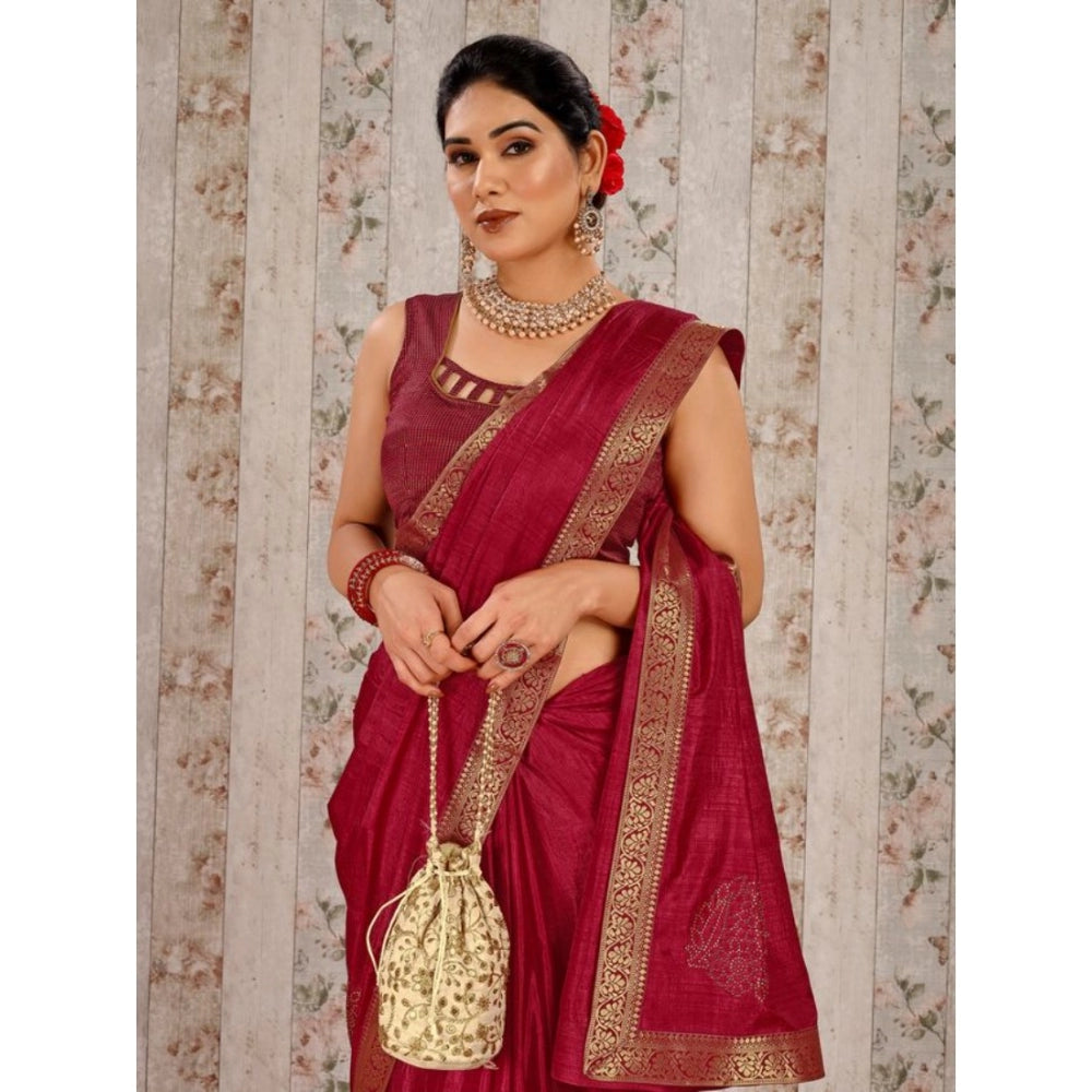 Generic Women's Vichitra Swiroshki Butta Saree With Unstitched Blouse (Maroon, 5-6 Mtrs)