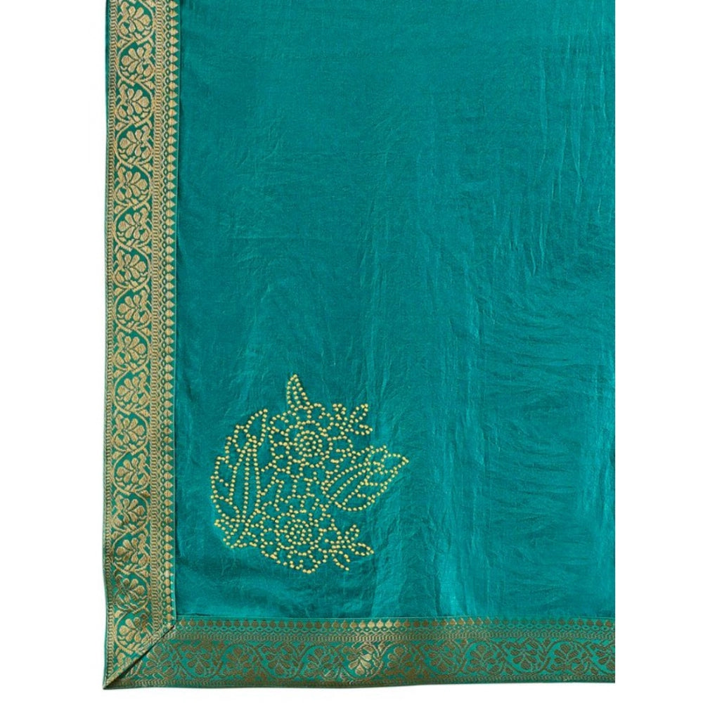 Generic Women's Vichitra Swiroshki Butta Saree With Unstitched Blouse (Teal Blue, 5-6 Mtrs)