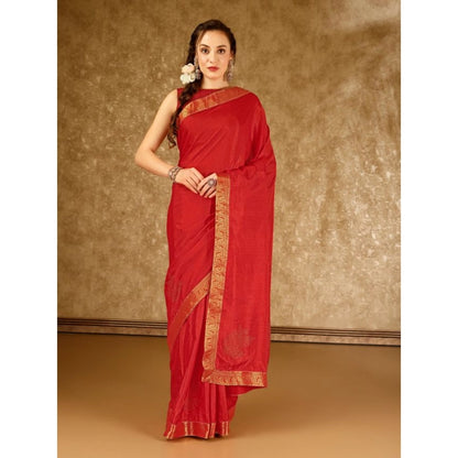 Generic Women's Vichitra Swiroshki Butta Saree With Unstitched Blouse (Red, 5-6 Mtrs)