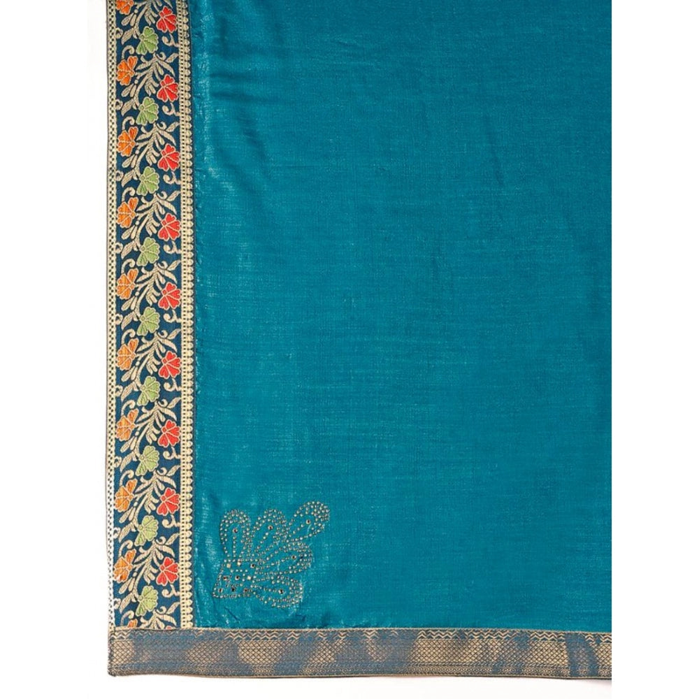 Generic Women's Vichitra Swiroshki Butta Saree With Unstitched Blouse (Teal Blue, 5-6 Mtrs)