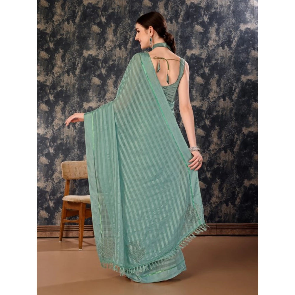 Generic Women's Chiffon Fabric Line Saree With Unstitched Blouse (Turquoise green, 5-6 Mtrs)