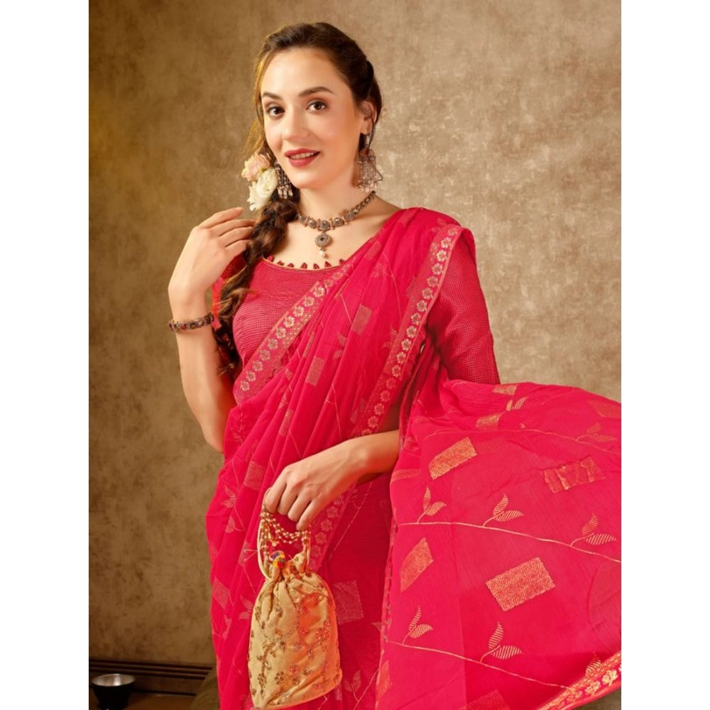 Generic Women's Zomto Patta Chiffon Saree With Unstitched Blouse (Pink, 5-6 Mtrs)