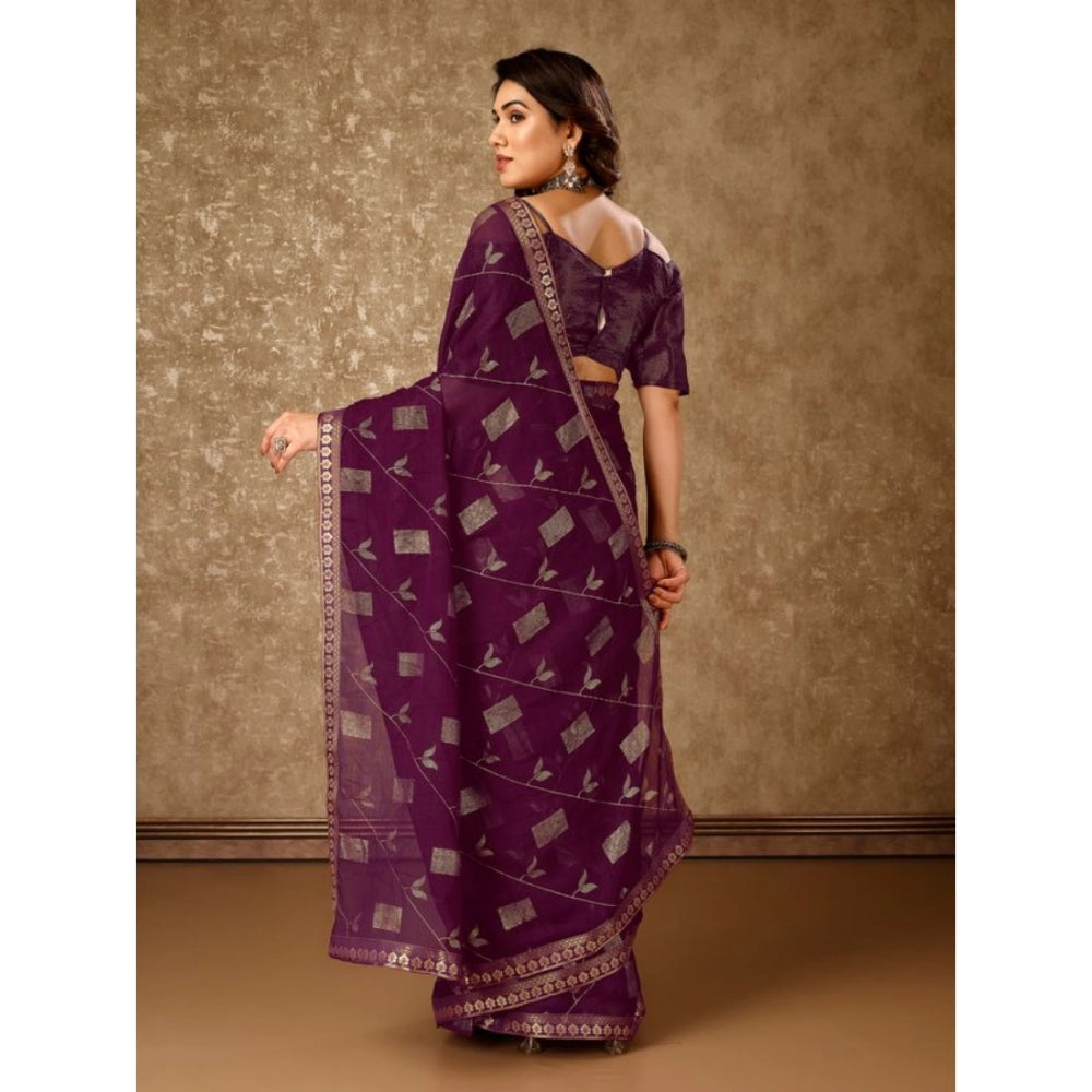 Generic Women's Zomto Patta Chiffon Saree With Unstitched Blouse (Wine, 5-6 Mtrs)