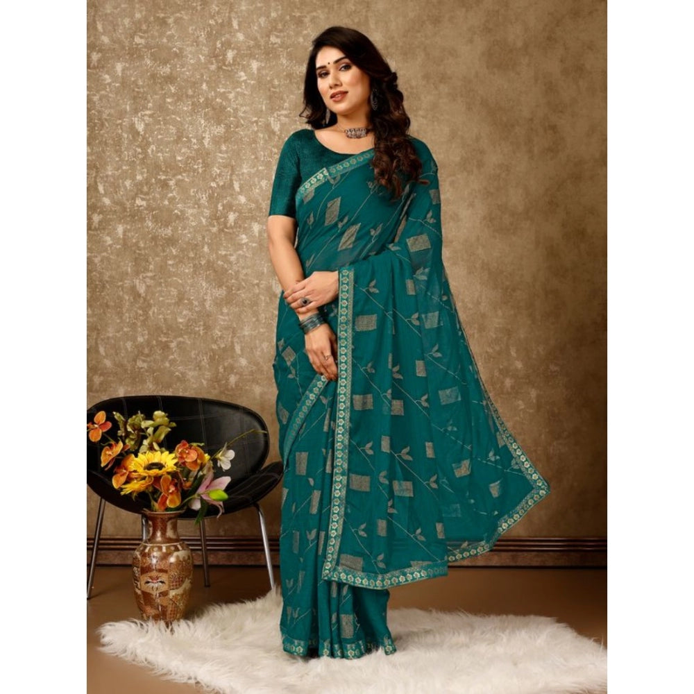 Generic Women's Zomto Patta Chiffon Saree With Unstitched Blouse (Teal Blue, 5-6 Mtrs)