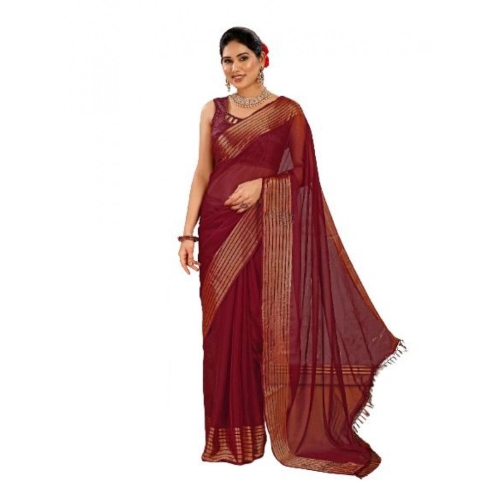 Generic Women's Chiffon Fabric Plain Saree With Unstitched Blouse (Maroon, 5-6 Mtrs)