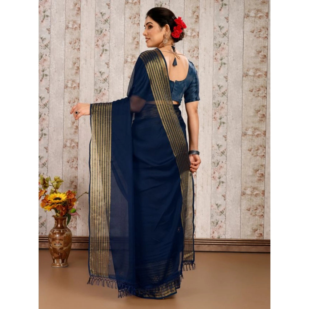 Generic Women's Chiffon Fabric Plain Saree With Unstitched Blouse (Blue, 5-6 Mtrs)