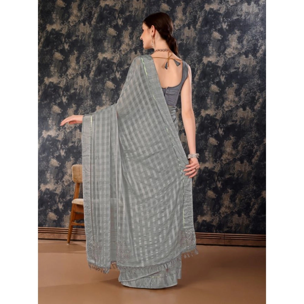 Generic Women's Chiffon Fabric Line Saree With Unstitched Blouse (Grey, 5-6 Mtrs)