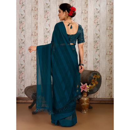 Generic Women's Chiffon Fabric Line Saree With Unstitched Blouse (Blue, 5-6 Mtrs)