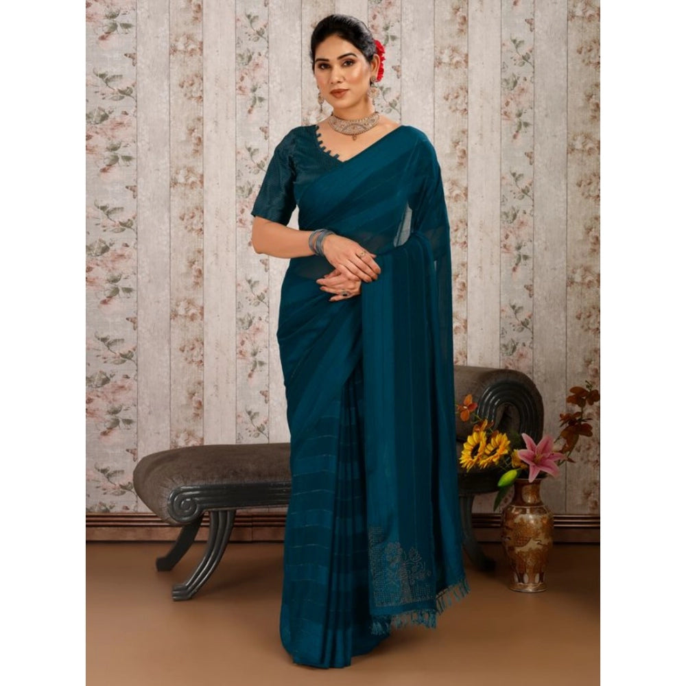 Generic Women's Chiffon Fabric Line Saree With Unstitched Blouse (Blue, 5-6 Mtrs)