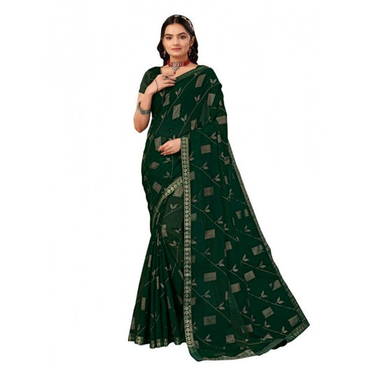 Generic Women's Zomto Patta Chiffon Saree With Unstitched Blouse (Green, 5-6 Mtrs)