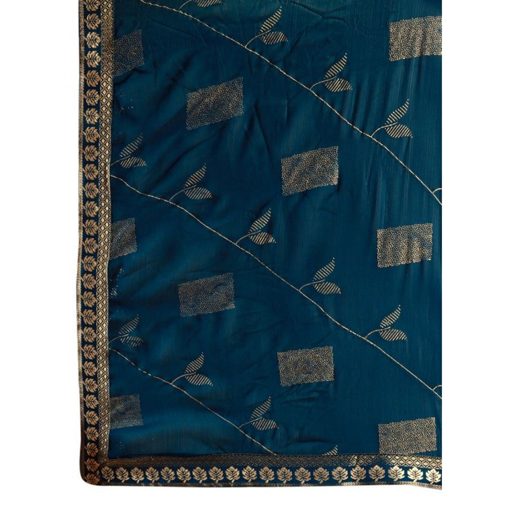 Generic Women's Zomto Patta Chiffon Saree With Unstitched Blouse (Blue, 5-6 Mtrs)