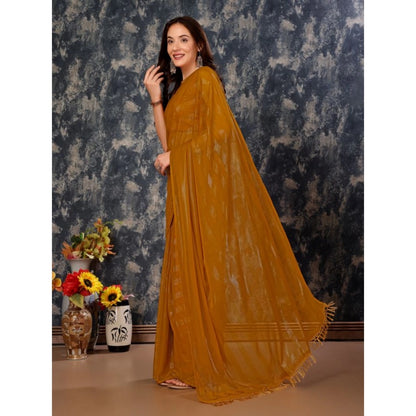 Generic Women's Chiffon Fabric Line Saree With Unstitched Blouse (Mustard, 5-6 Mtrs)