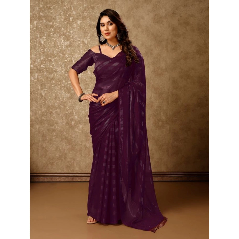 Generic Women's Chiffon Fabric Line Saree With Unstitched Blouse (Purple, 5-6 Mtrs)