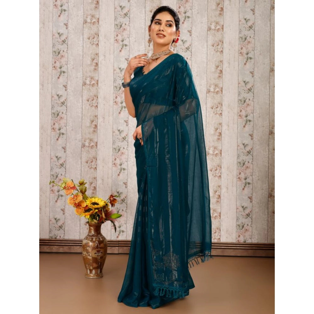 Generic Women's Chiffon Fabric Line Saree With Unstitched Blouse (Teal Blue, 5-6 Mtrs)