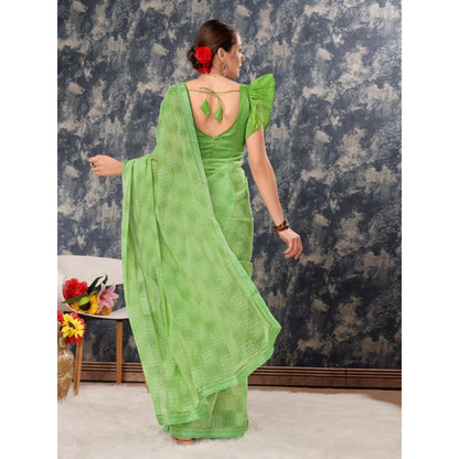 Generic Women's Zomto Checked Saree With Unstitched Blouse (Green, 5-6 Mtrs)