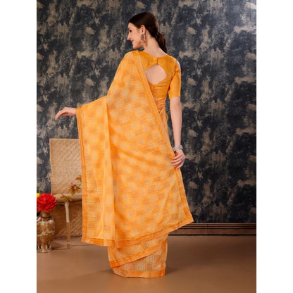 Generic Women's Zomto Checked Saree With Unstitched Blouse (Yellow, 5-6 Mtrs)