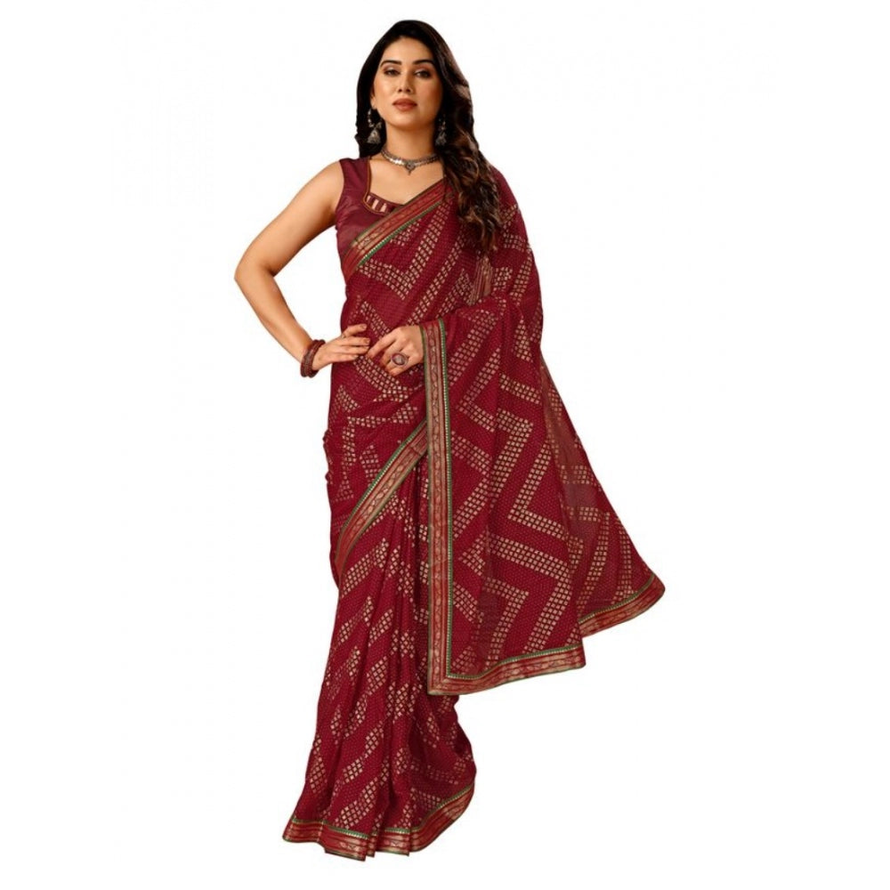 Generic Women's Zomto Zig Zag Saree With Unstitched Blouse (Maroon, 5-6 Mtrs)