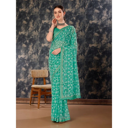 Generic Women's Zomto Printed Saree With Unstitched Blouse (Turquoise Green, 5-6 Mtrs)