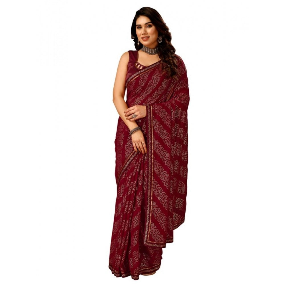 Generic Women's Zomto Bandhani Saree With Unstitched Blouse (Maroon, 5-6 Mtrs)