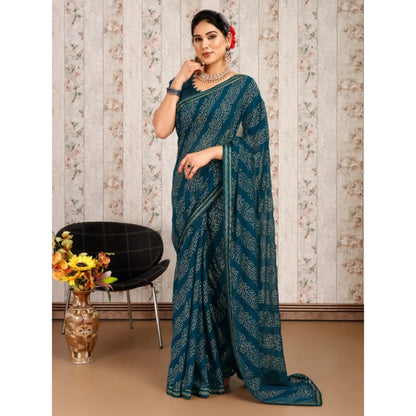 Generic Women's Zomto Bandhini Saree With Unstitched Blouse (Blue, 5-6 Mtrs)