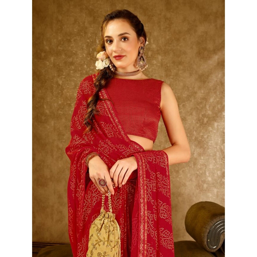 Generic Women's Zomto Bandhani Saree With Unstitched Blouse (Red, 5-6 Mtrs)