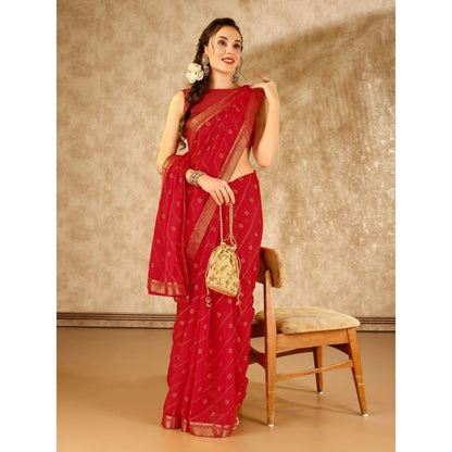 Generic Women's Zomto Bandhini Saree With Unstitched Blouse (Red, 5-6 Mtrs)