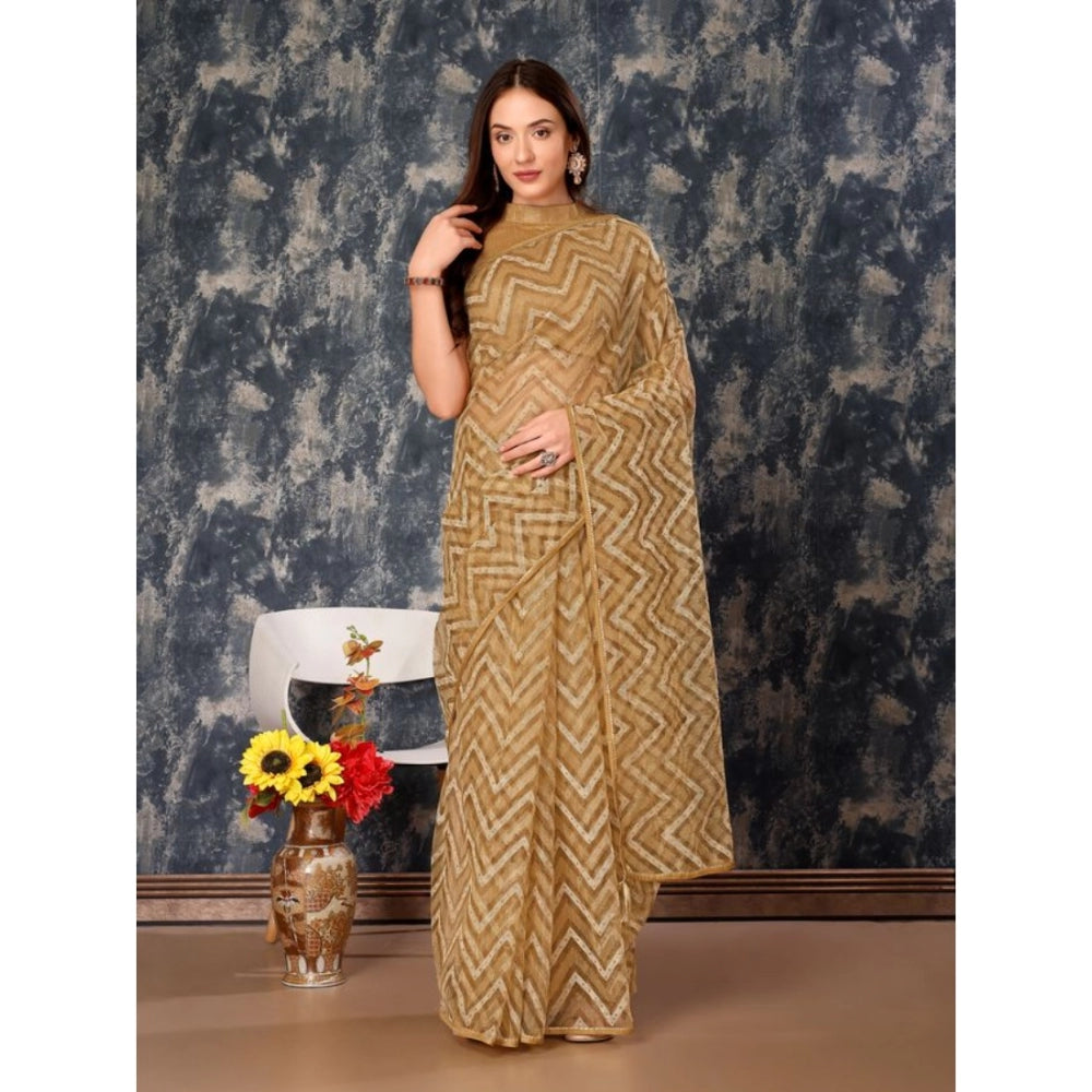 Generic Women's Linen Zig Zag Saree With Unstitched Blouse (Beige, 5-6 Mtrs)