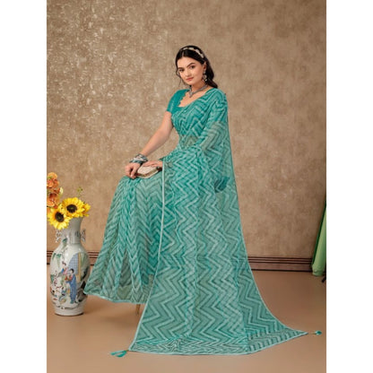 Generic Women's Linen Zig Zag Saree With Unstitched Blouse (Turquoise Green, 5-6 Mtrs)