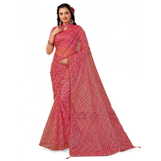 Generic Women's Linen Zig Zag Saree With Unstitched Blouse (Pink, 5-6 Mtrs)