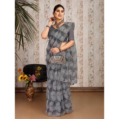 Generic Women's Linen Floral Printed Saree With Unstitched Blouse (Grey, 5-6 Mtrs)