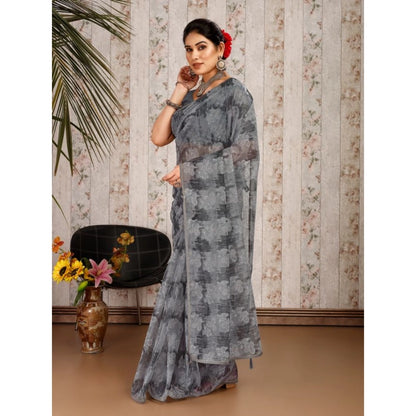 Generic Women's Linen Floral Printed Saree With Unstitched Blouse (Grey, 5-6 Mtrs)