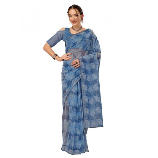 Generic Women's Linen Floral Printed Saree With Unstitched Blouse (Blue, 5-6 Mtrs)