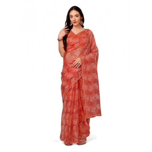 Generic Women's Linen Floral Printed Saree With Unstitched Blouse (Peach, 5-6 Mtrs)