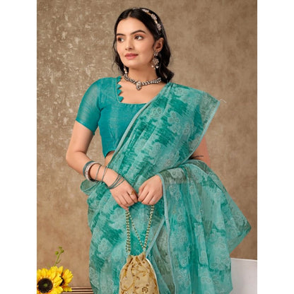 Generic Women's Linen Floral Printed Saree With Unstitched Blouse (Turquoise Green, 5-6 Mtrs)