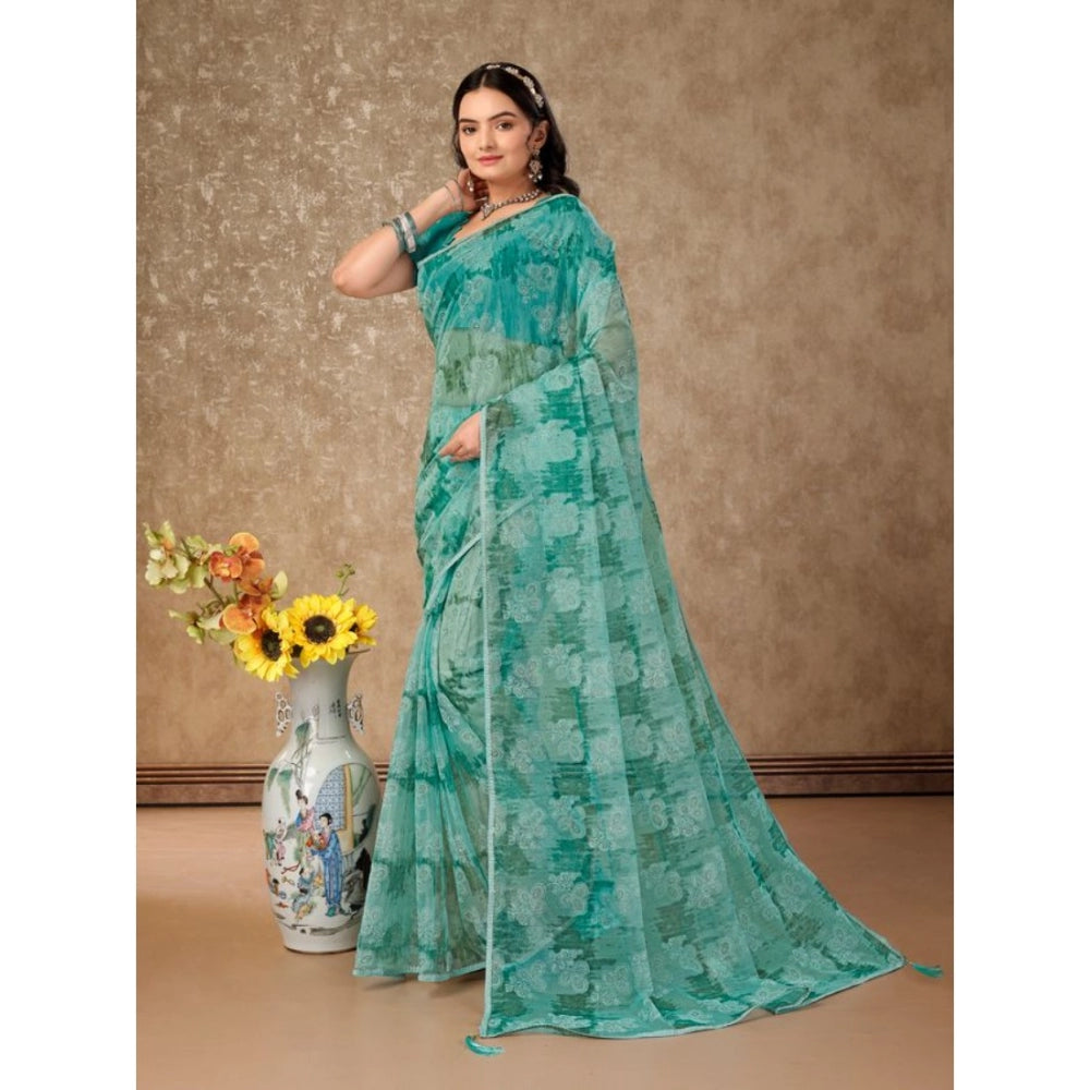 Generic Women's Linen Floral Printed Saree With Unstitched Blouse (Turquies Green, 5-6 Mtrs)