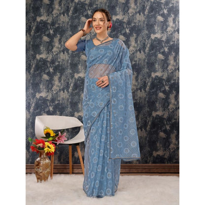 Generic Women's Linen Gola Printed Saree With Unstitched Blouse (Blue, 5-6 Mtrs)