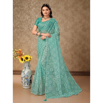 Generic Women's Linen Gola Printed Saree With Unstitched Blouse (Turquoise Green, 5-6 Mtrs)