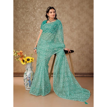 Generic Women's Linen Gola Printed Saree With Unstitched Blouse (Turquoise Green, 5-6 Mtrs)