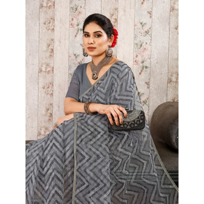 Generic Women's Linen Zig Zag Saree With Unstitched Blouse (Grey, 5-6 Mtrs)