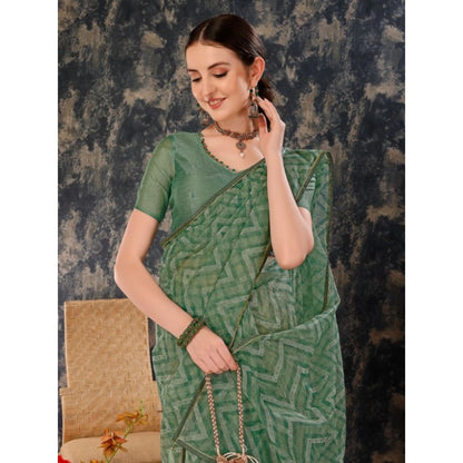 Generic Women's Linen Zig Zag Saree With Unstitched Blouse (Green, 5-6 Mtrs)