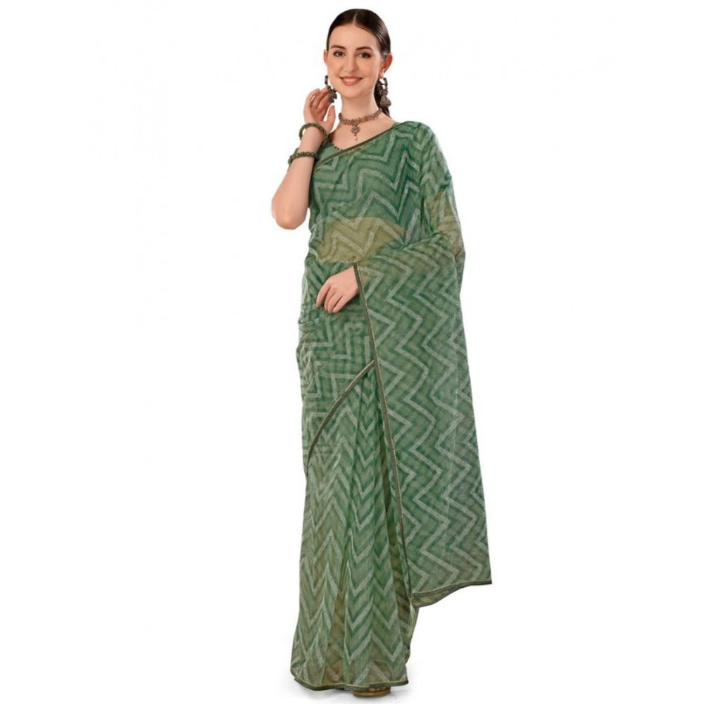 Generic Women's Linen Zig Zag Saree With Unstitched Blouse (Green, 5-6 Mtrs)