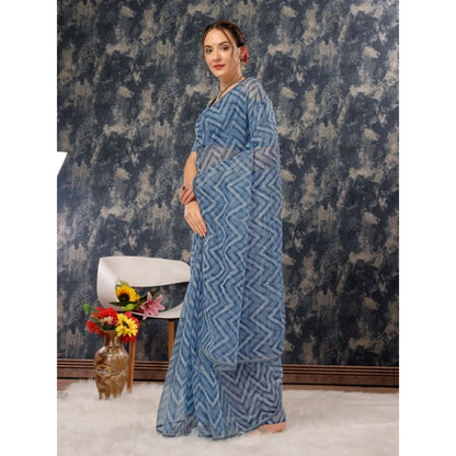 Generic Women's Linen Zig Zag Saree With Unstitched Blouse (Blue, 5-6 Mtrs)