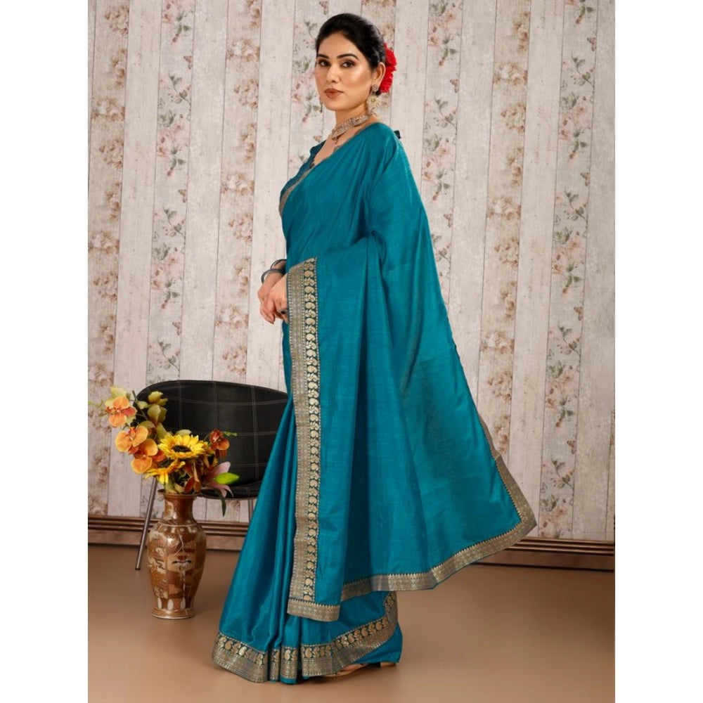 Generic Women's Vichitra Plain Saree With Unstitched Blouse (Blue, 5-6 Mtrs)