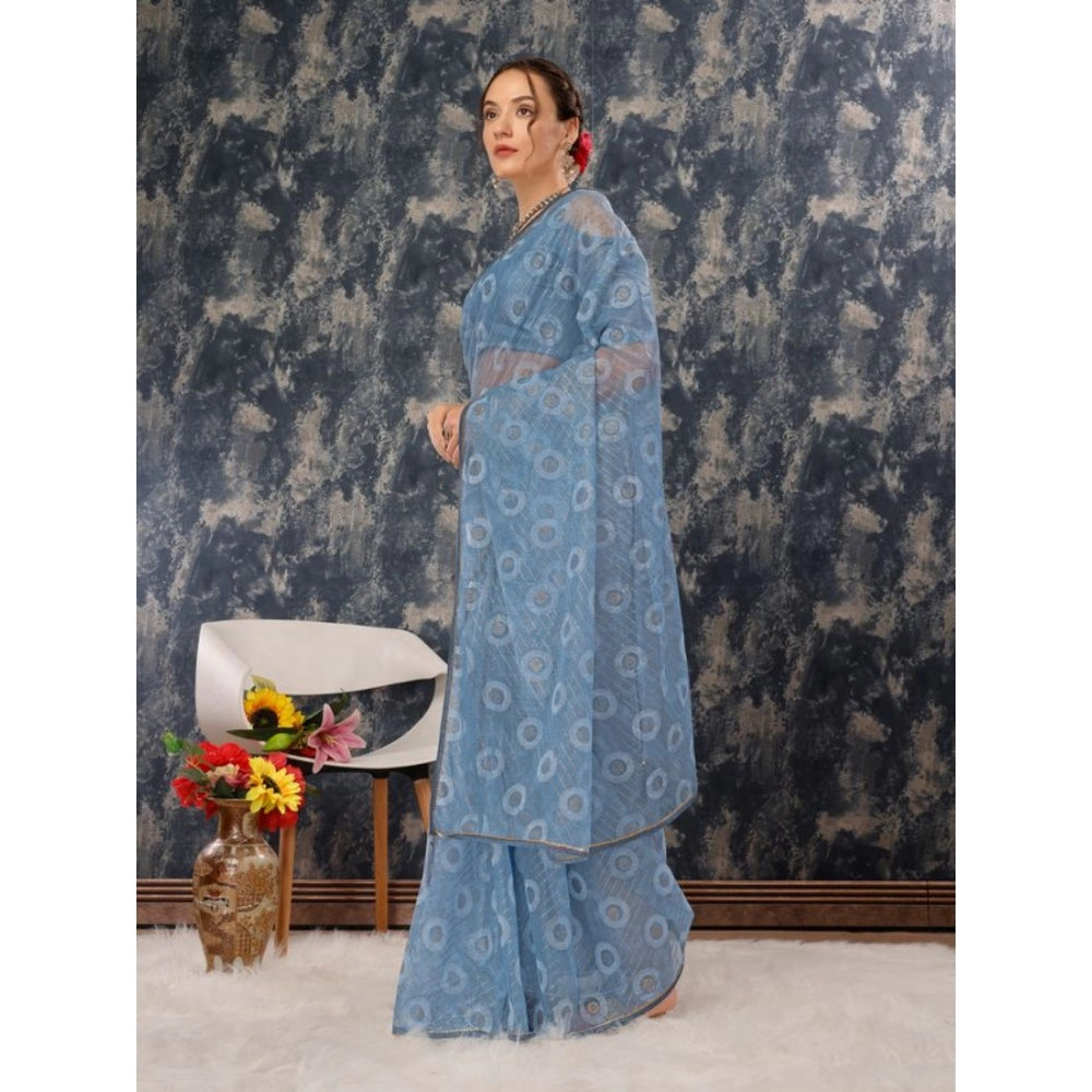 Generic Women's Linen Line Saree With Unstitched Blouse (Sky Blue, 5-6 Mtrs)