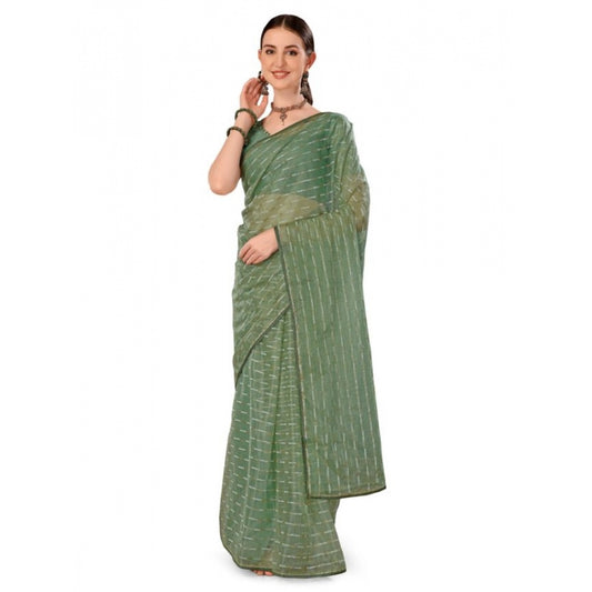 Generic Women's Linen Line Saree With Unstitched Blouse (Green, 5-6 Mtrs)