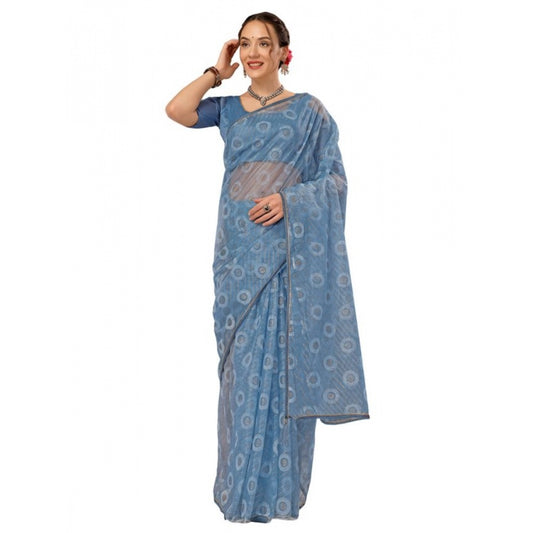 Generic Women's Linen Line Saree With Unstitched Blouse (Sky Blue, 5-6 Mtrs)