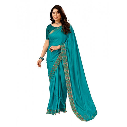 Generic Women's Vichitra Swiroshki Butta Saree With Unstitched Blouse (Turquies Blue, 5-6 Mtrs)